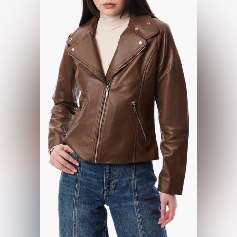 NWT Bernardo Luggage Brown Leather Moto Jacket Size M